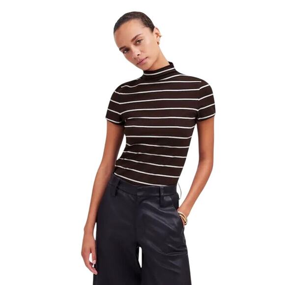 NWT Madewell Striped Mockneck Slim Fit Tee XXS Brown White Short Sleeve - Picture 1 of 9